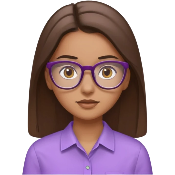 Imagine a pretty girl with slightly light brown skin with big brown eyes and glasses. She has straight long brown hair in a slick back and is wearing a light purple shirt emoji