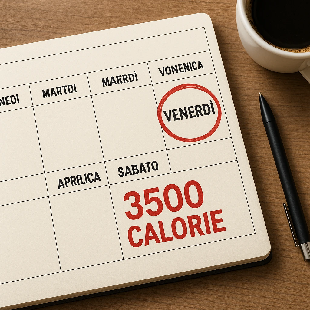 A hyperrealistic weekly calendar viewed from above in Italian, showing days from Monday to Sunday. Friday is circled in red. Below Saturday, the text '3500 calorie' is in red and bold. The image has 4K details and a desk atmosphere. emoji