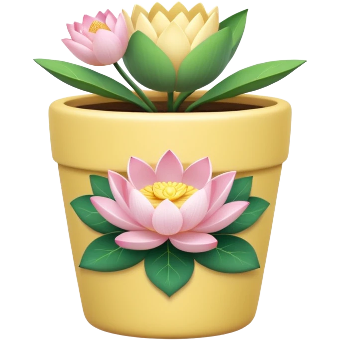 Short, cylindrical ceramic flower pot in pastel yellow, containing a lotus flower plant. emoji