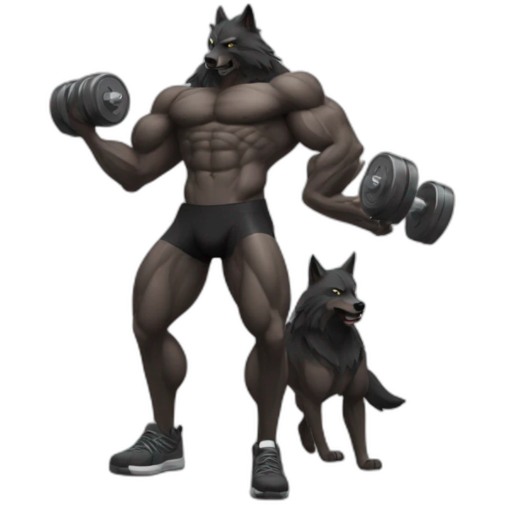 Bodybuilder black wolf pumping dumbbells emoji
