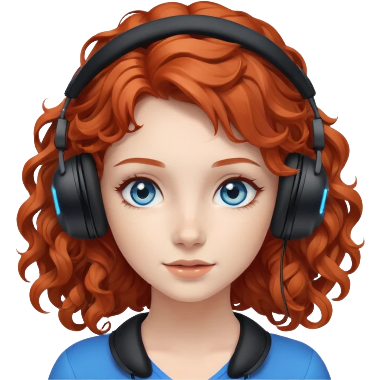 redhead girl with long loose wavy curly hair with black gaming headset and blue eyes emoji