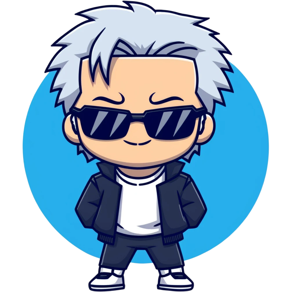 Satoru Gojo from Jujutsu Kaisen, white hair, dark sunglasses, confident smirk, blue eyes, chibi face proportions, energetic expression emoji