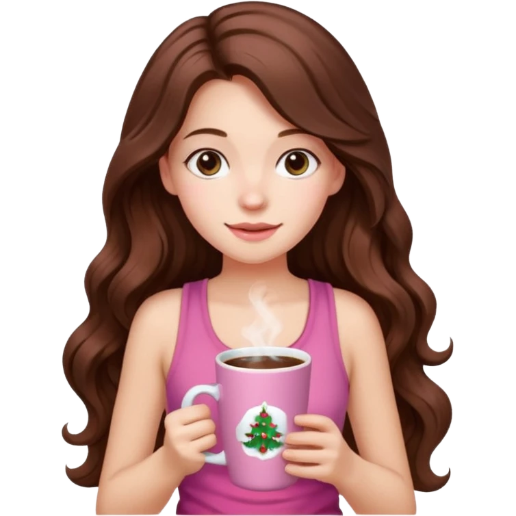 menina branca com cabelos castanhos longos ondulados com xícara rosa na frente com chocolate quente, ela usa blusa de alcinha com estampa de natal emoji