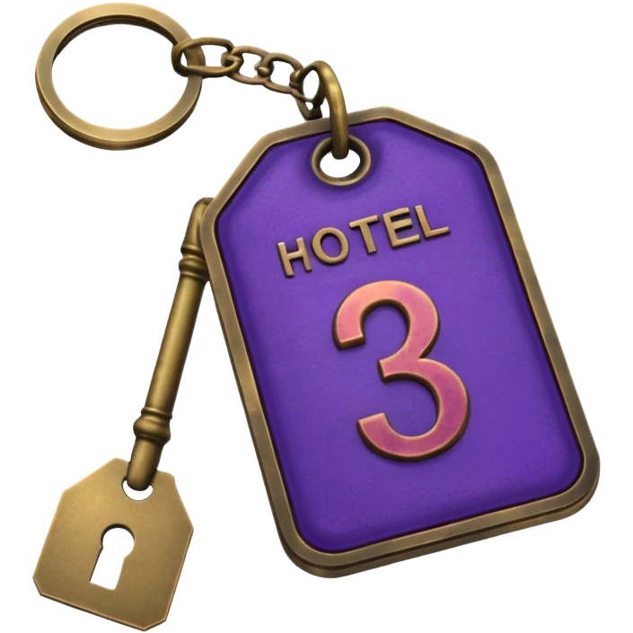 antique brass hotel key with large purple leather room number tag emoji