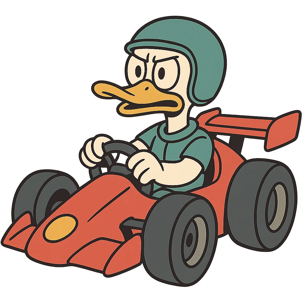 cartoon duck driving a race car in flat toon style emoji