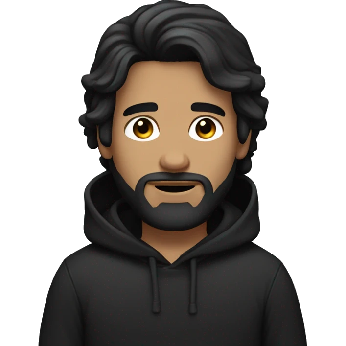 Bearded white guy with medium-length black hair wearing a black hoodie emoji