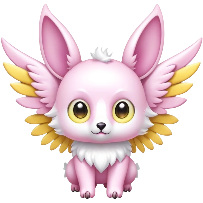 Shiny epic glittery divine white yellow pink animal-fakemon-creature with head-ear-wings, cute, adorable, big eyes emoji