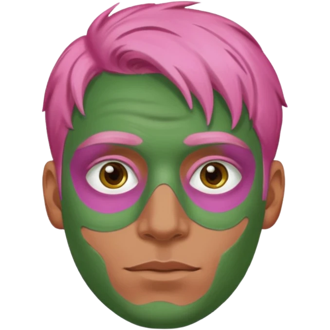 pink haired man with full full face green clay mask emoji