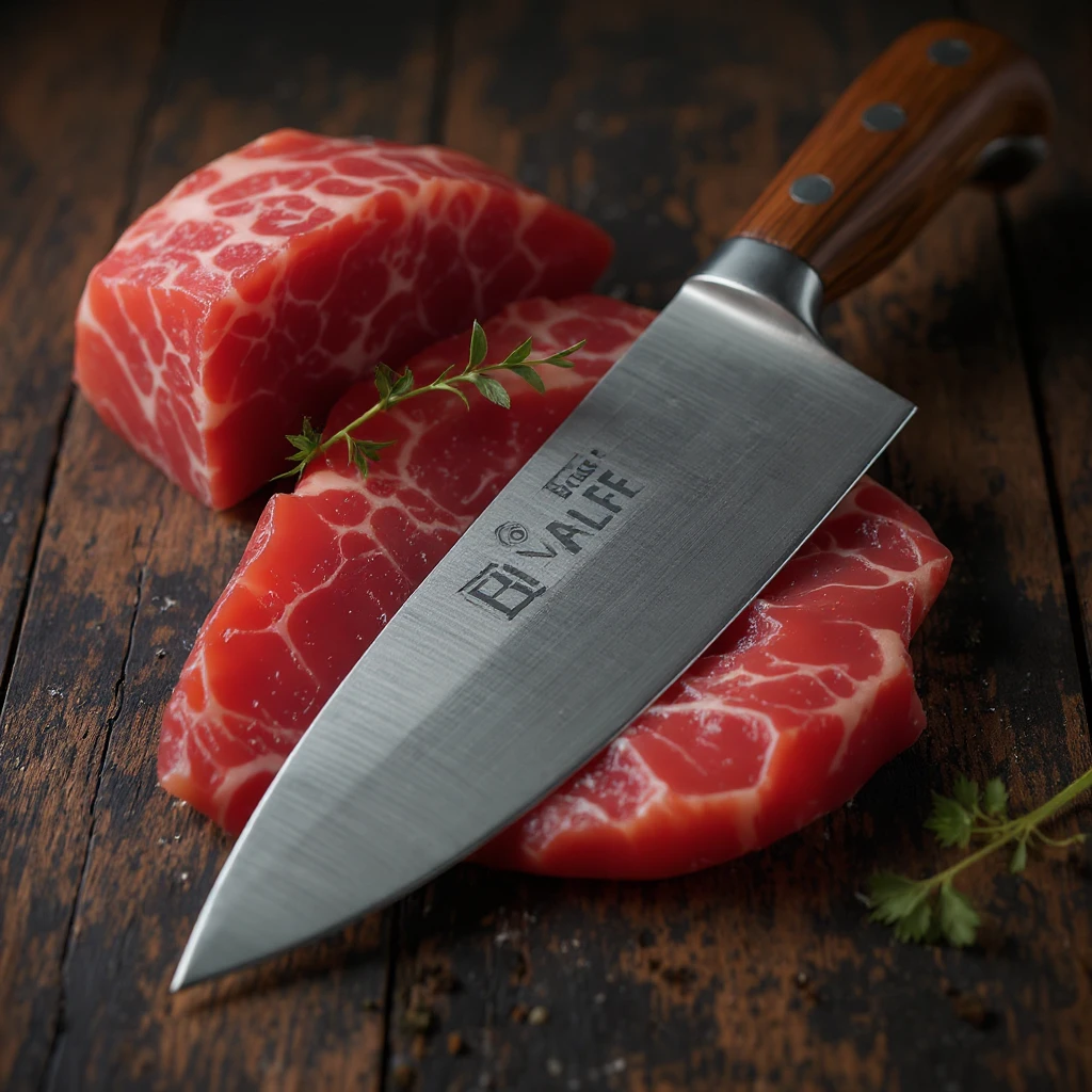 Make the butcher knife have a wooden handle, keep realistic professional photography style. emoji