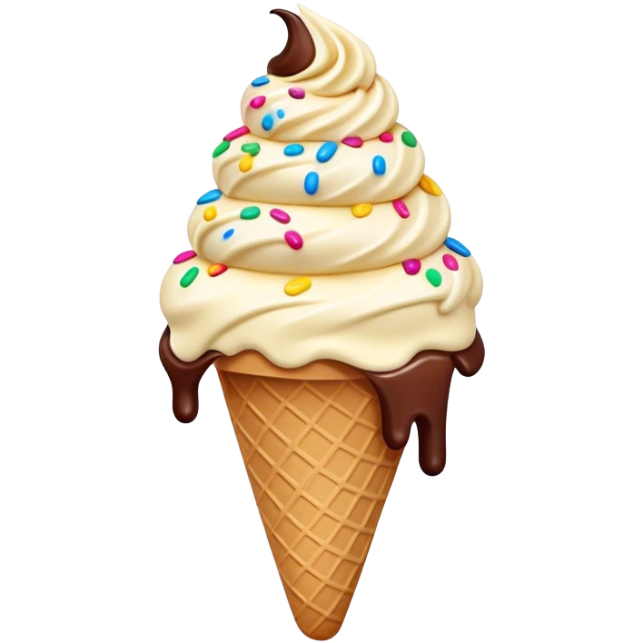 Cinematic scoop of rich, creamy ice cream, slightly melting, smooth swirls of chocolate and vanilla, colorful sprinkles on top, warm glowing background, playful and inviting. emoji