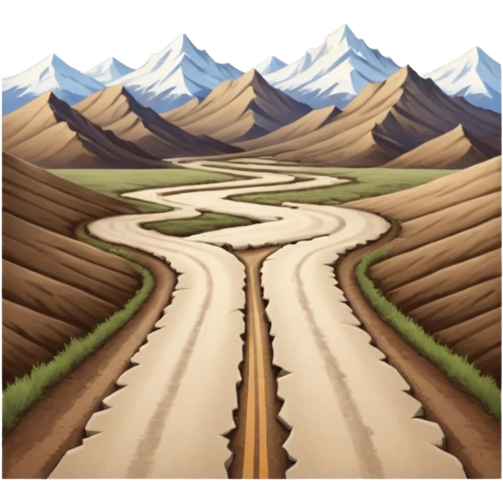 A long STRAIGHT dirt road that disappears into the horizon half way up the screen from the perspective of someone sitting in the middle of the road looking down it. Flat snow fields on both sides of the road with huge looming mountains above the roads horizon line.  emoji