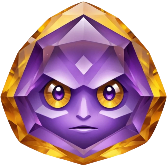 Single gemstone amethyst character, warm golden citrine, squat and heavy like a rock, with carved facets with eyes emoji