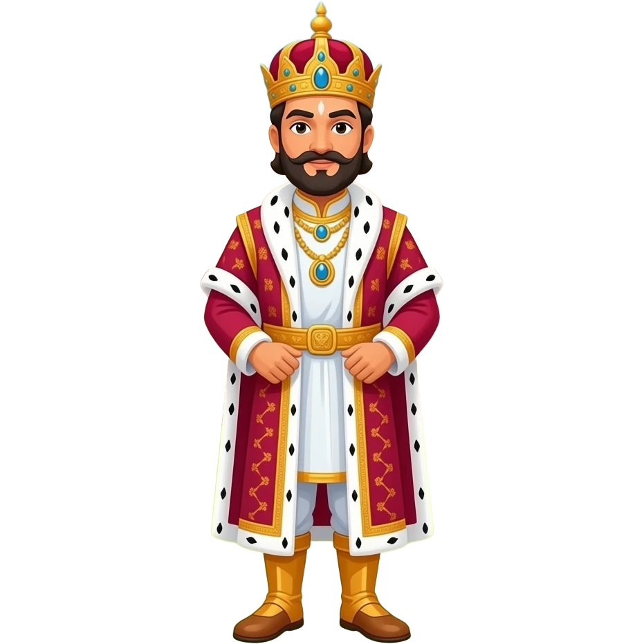 Bangla fairy tale king, royal costume, standing in palace garden, cartoon style, 2D animation, bright colors emoji