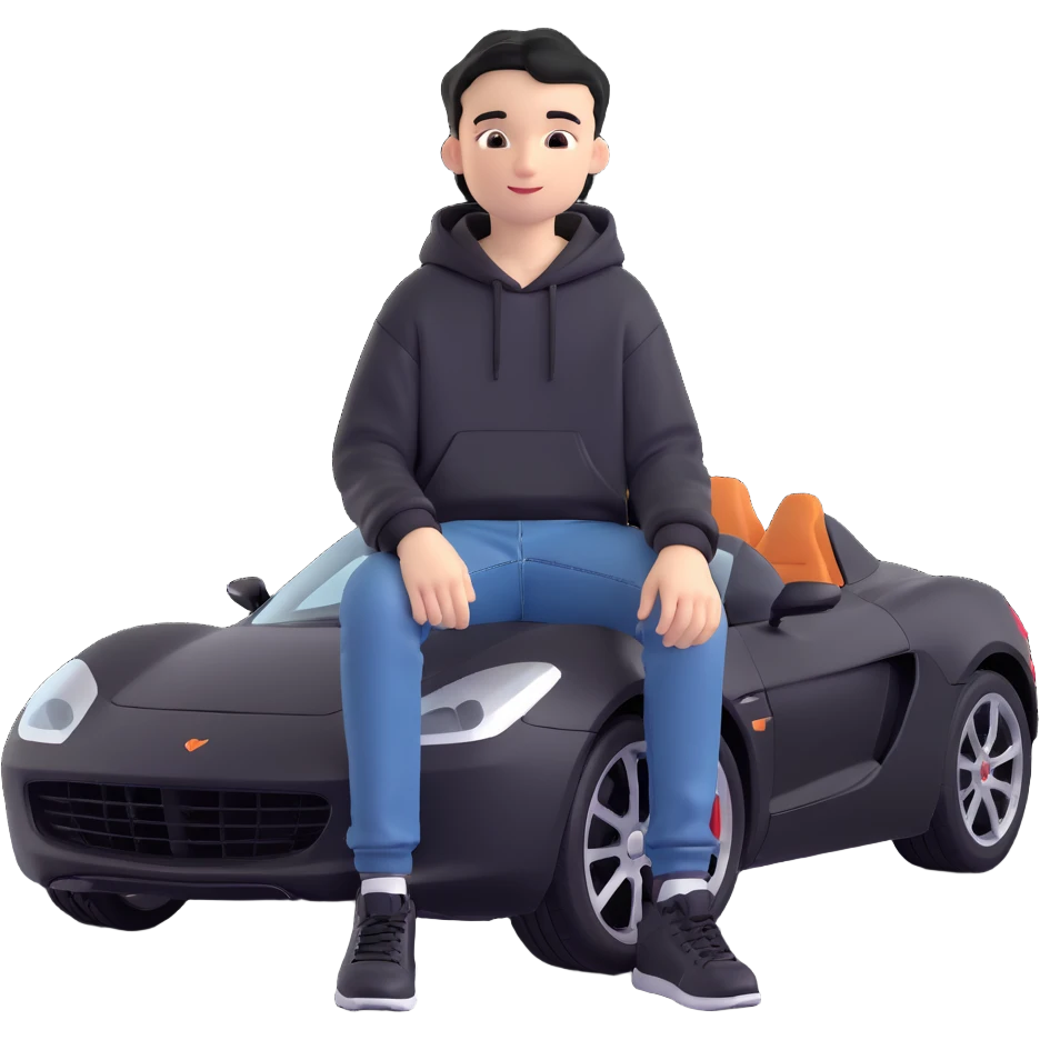 realistic emoji-style illustration of a sleek black sports car viewed from a slight angle, with a 14-year-old boy with short black hair wearing a hoodie and jeans sitting confidently on the car’s roof in a relaxed pose, looking forward with a slight smile emoji