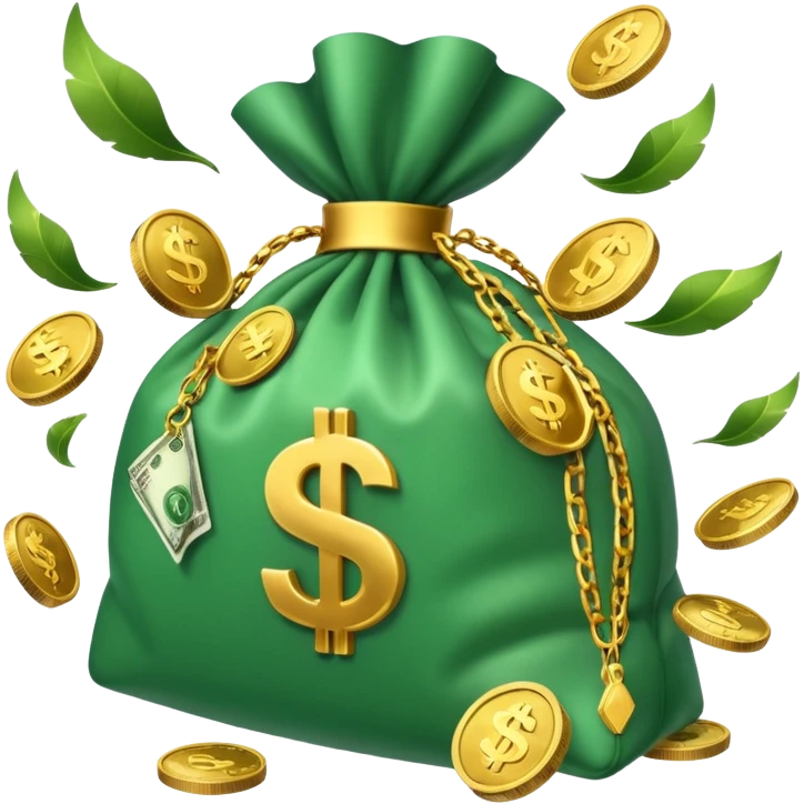 

3D emoji style, big bag of money, flying dollar bills, rich casino vibe, smooth lighting, high detail, clean edges, transparent background



 emoji