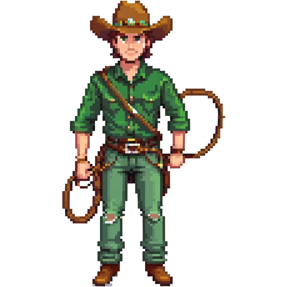 Cowboy character with green shirt, pants, and hat, holding a lasso emoji