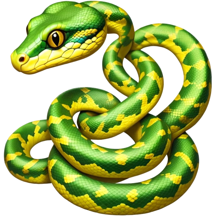 cinematic-green tree python-realistic-full-body-coiled-emoji,-thick-scaled-body-looped-tightly,-intricate-yellow and white-patterned-scales-reflecting-light,-head-tilted-dramatically,-cute-eyes-staring-calmly,-simplified-yet-realistic-focused-feature emoji