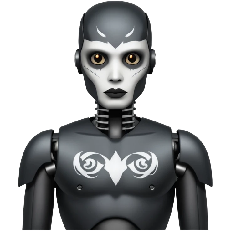black metal Tatooed robot, big many tatooes on chest, neck and face, white tatoo on face emoji