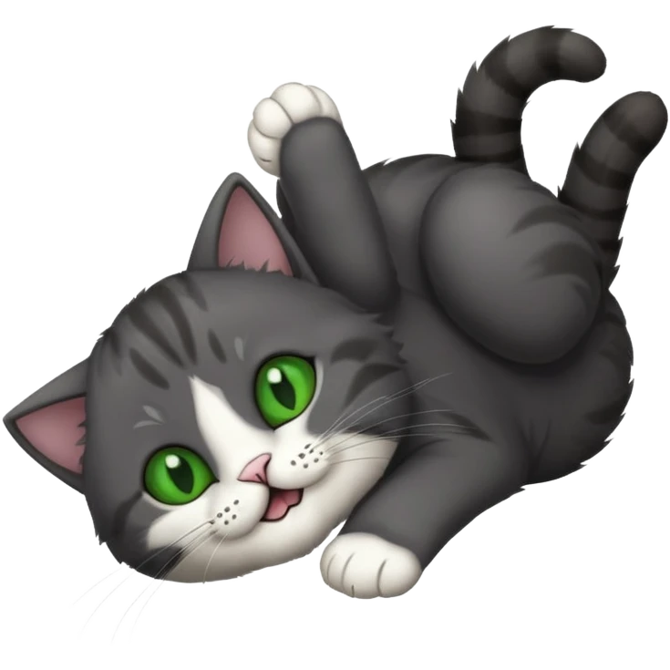 solid dark grey cat with green eyes, white toes/paws playfully rolling upside down emoji