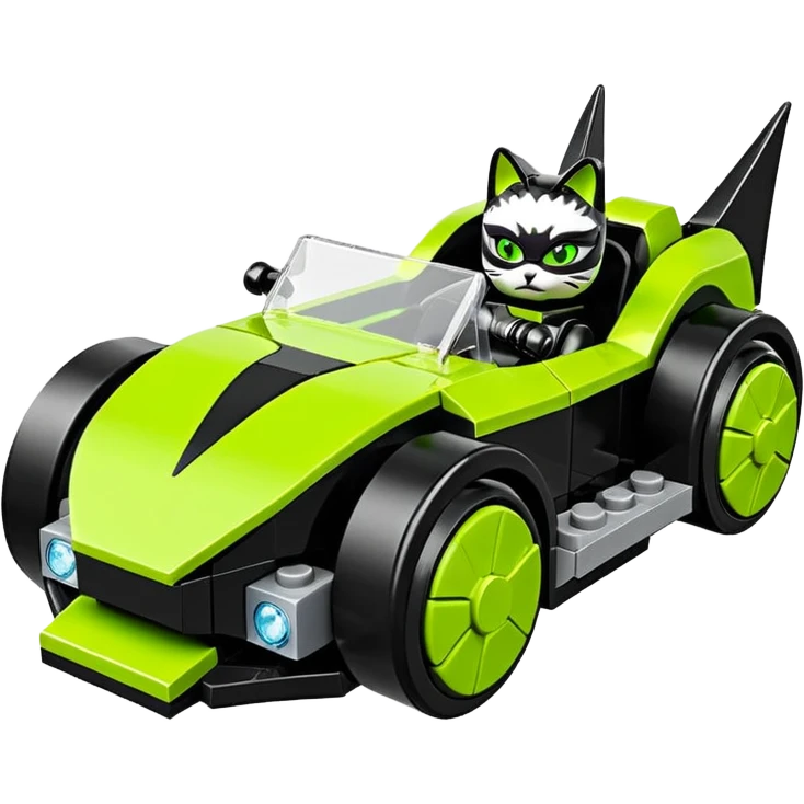 Hot rod Lego Cat Woman’s sporty futuristic pursuit mobile two seater car  emoji