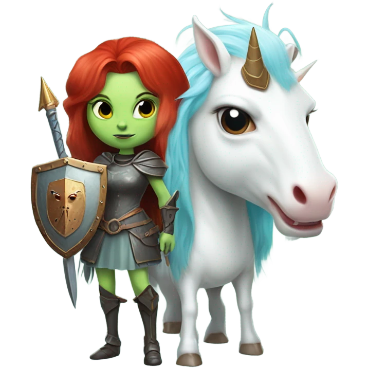 medieval shield: [politically incorrect, (
	{ female, alien, witch, color: light green, hair:red, eyes:cat} ]
	on a 
	[{ unicorn: white, legged:four, mane: light blue }]) emoji
