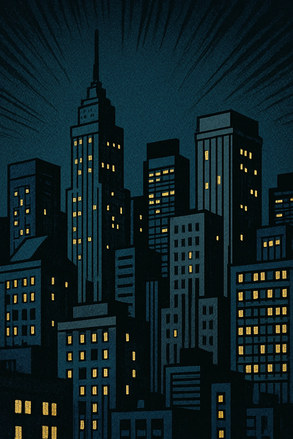 a city skyline at night, old school comic book style emoji