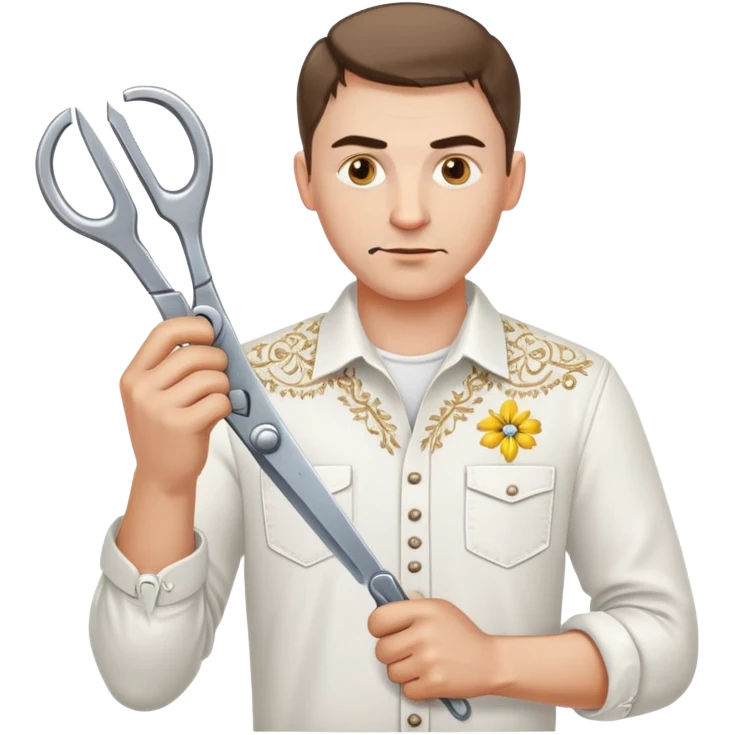 A Ukrainian man in a white embroidered shirt holds a spanner in one hand and scissors in the other emoji