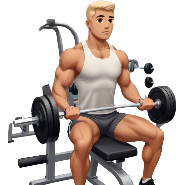 A focused athlete working out on a strength training machine in a modern gym. Muscles engaged, expression determined, demonstrating power and endurance. The gym is filled with equipment like dumbbells, barbells, and mirrors reflecting effort, creating a high-energy atmosphere. emoji