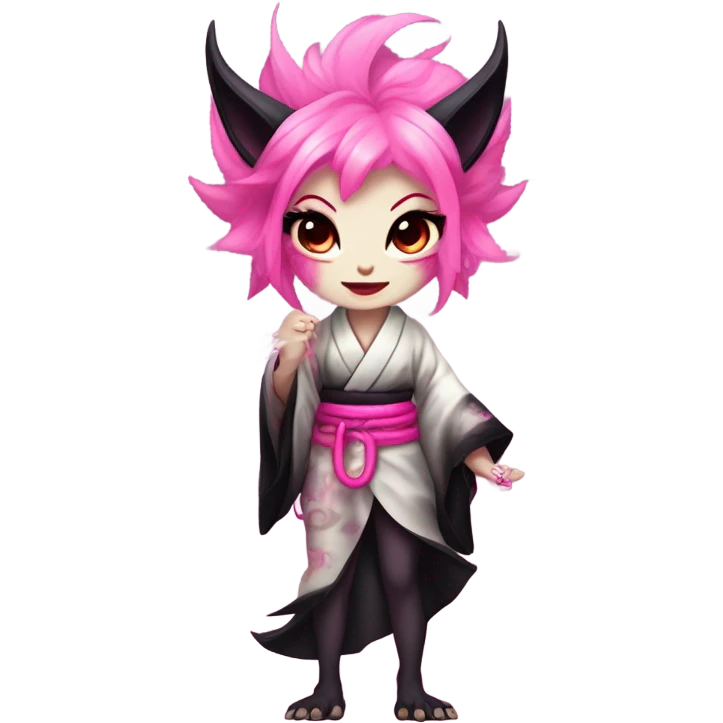 Full body female, succubus kitsune, neon pink eyes, vibrant pink hair, alabaster skin, fluffy black tails, pink tail tips, spiked choker, unique heritage, seductive charm, rebellious spirit, traditional kimonos, spiked anklets, and Barefoot 
 emoji