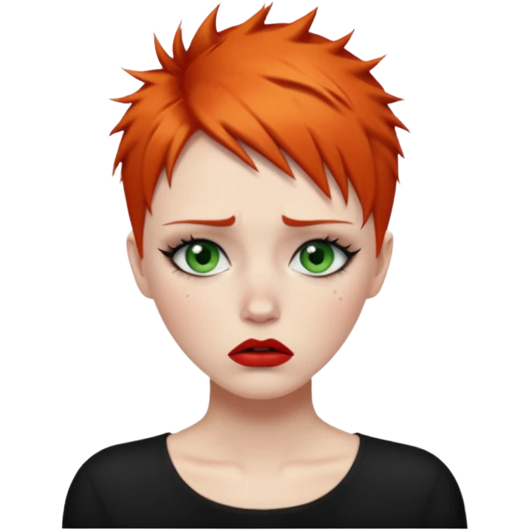 Short spikey Ginger hair, green eyes, black long eye lashes large red lips White woman very sad crying  emoji