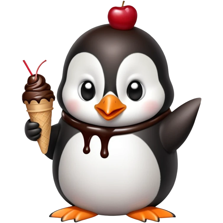 A penguin in an ice cream shop sitting at a table eating chocolate ice cream emoji