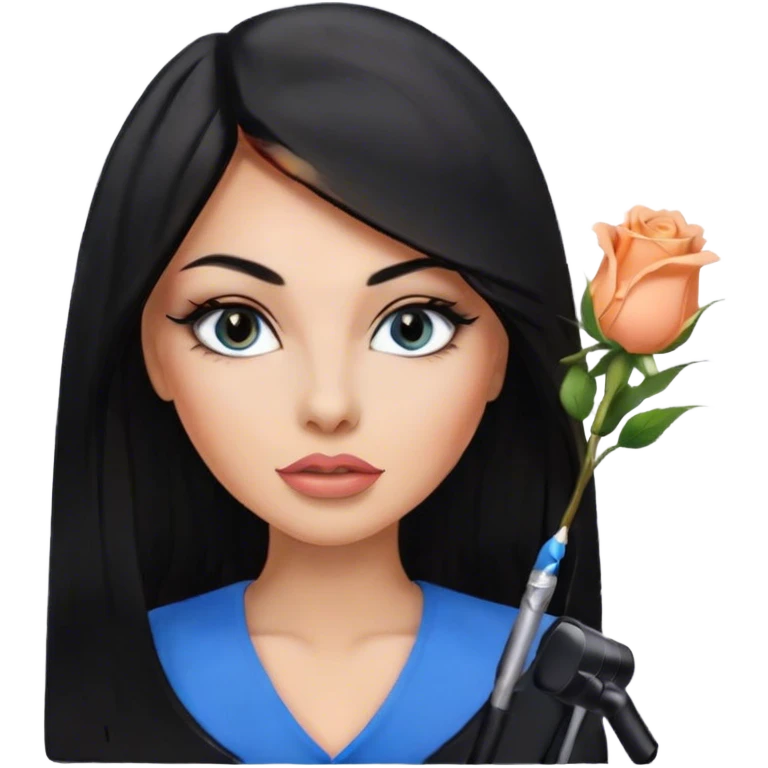 Glamours, tanned, very beautiful girl, with big pump peach-beige-rose lips, eyeliner, long lashes, black straight smooth silky long hair, straight parting hair, blue-grey eyes in black clothes for working profile emoji