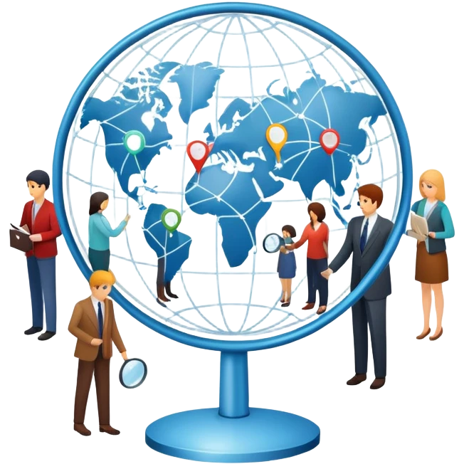 An icon featuring a group of people, a network diagram, and a magnifying glass, symbolizing sociology. The design includes a globe and interconnected lines, representing social structures and relationships. Transparent background highlights the study of societies and human behavior. emoji
