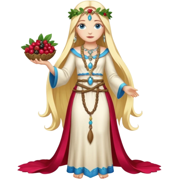 full body woman long blonde hair blue eyes white skin fruit priestess with berry belt and leaf jewelry emoji