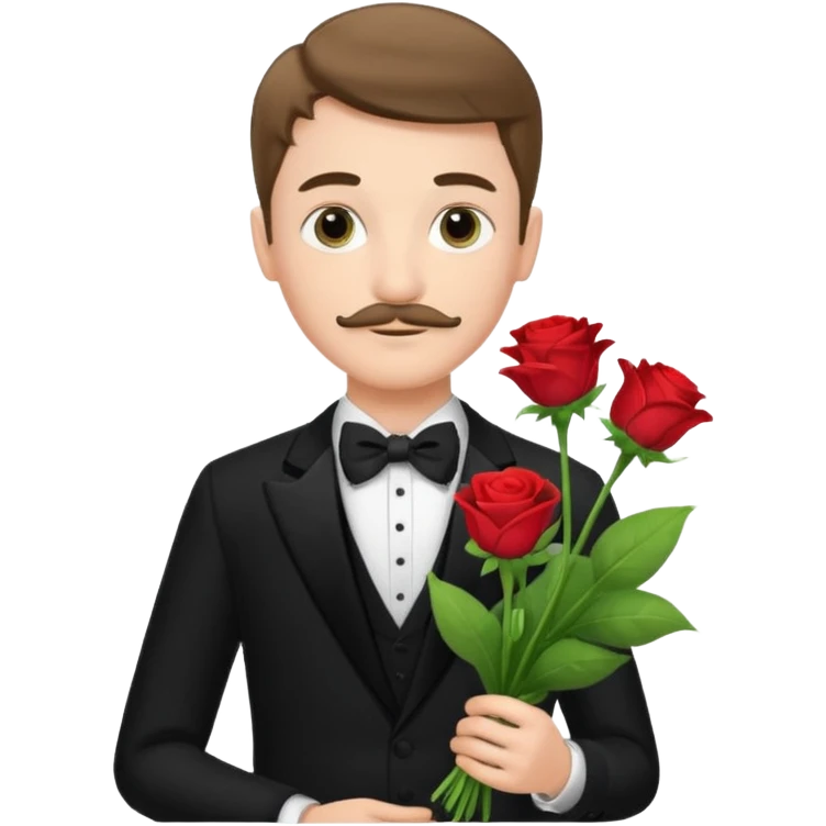 generate an ios genmoji of a 20 year old fair boy with very few mustache hair, carrying a flower bouquet, wearing a tux emoji