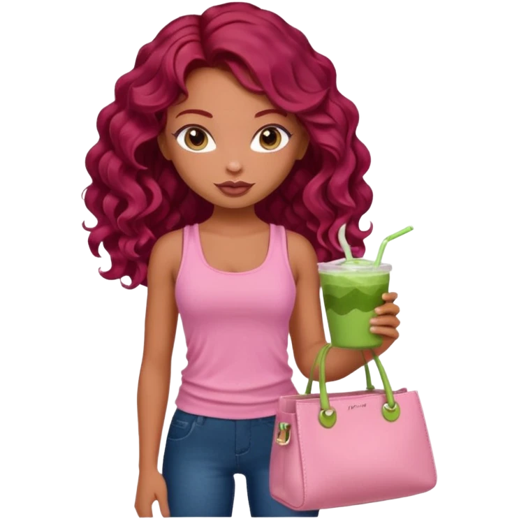 a pretty fair bratz girl with wavy dark red hair, wearing a pink tank top , carrying a matcha and a pink bag emoji