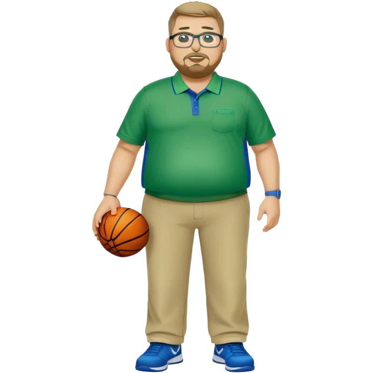  full body white obese male basketball coach with trophy. Goatee , Wearing glasses and blue and green nike polo shirt and khaki pants emoji