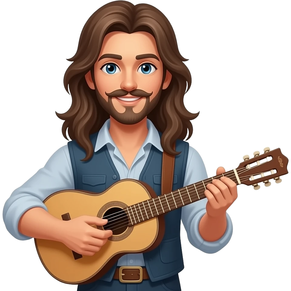 Beautiful Happy Bard with long hair, Handlebar mustache, goatee and a lute emoji