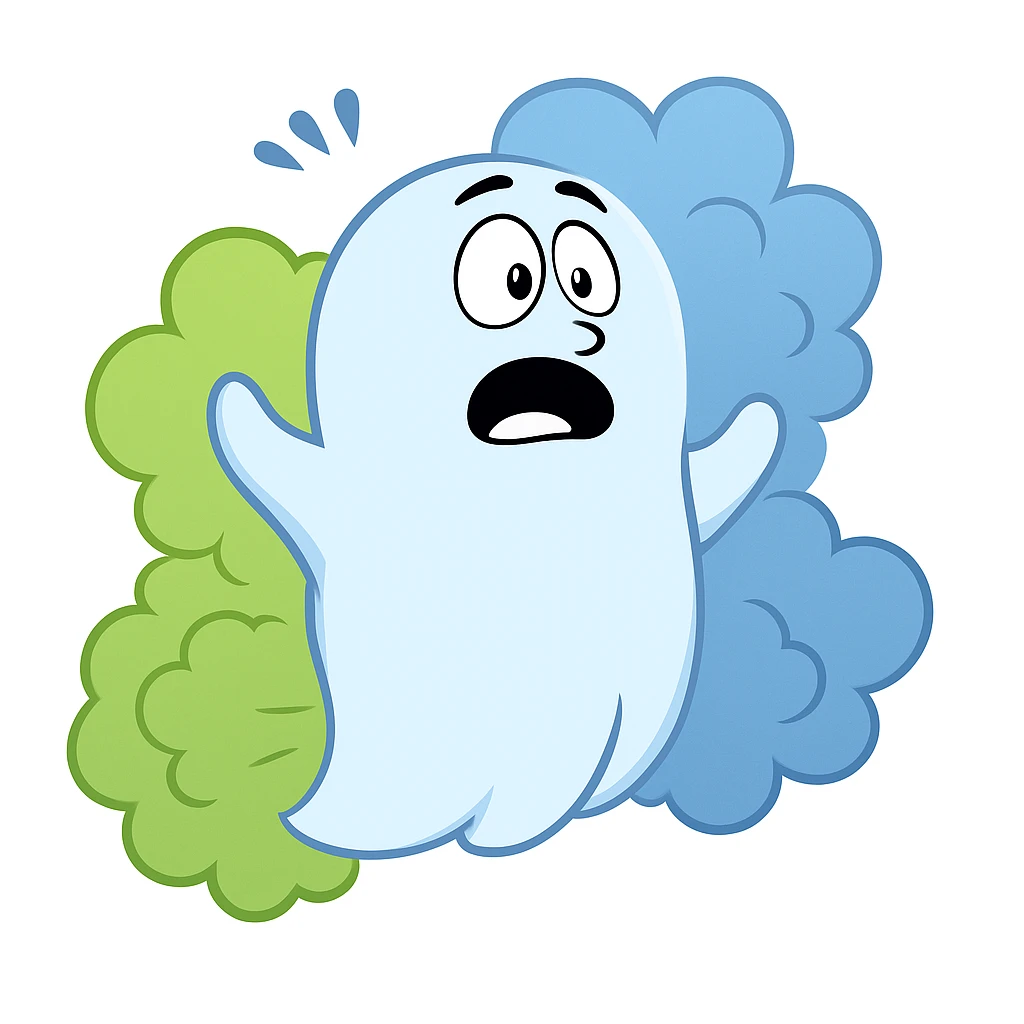 Add visible blue and green fart gas clouds behind the blue and white ghost boy. emoji