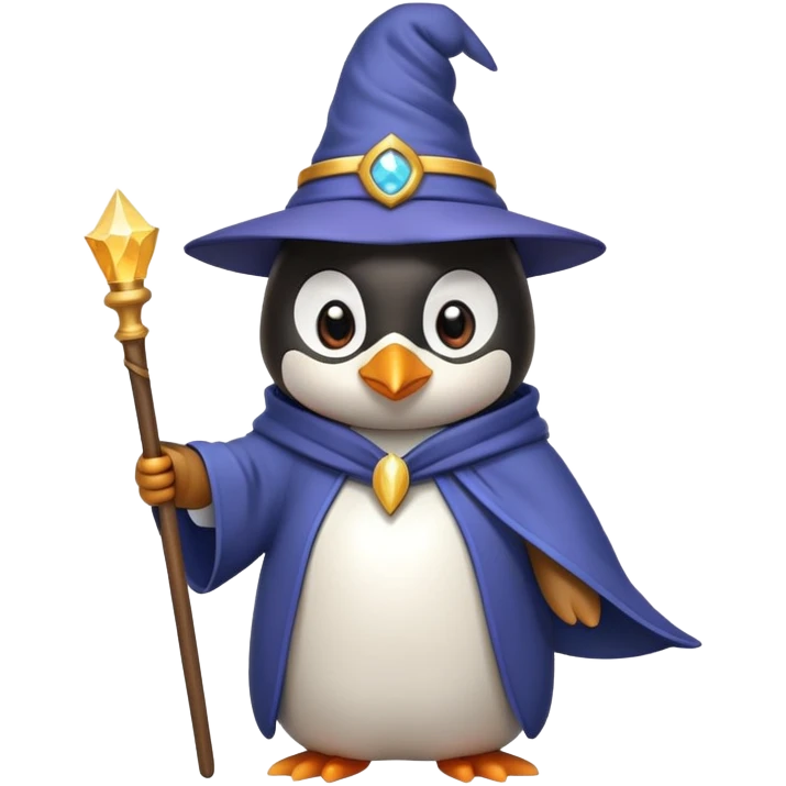 penguin wearing a wizard hat and robe, holding a magic wand emoji