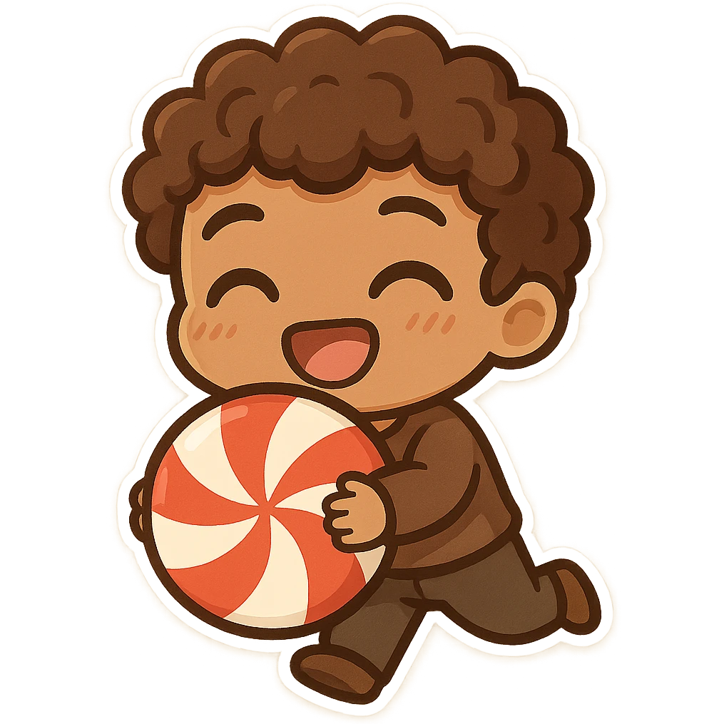 peppermint candy held by brown male chibi, curly hair, happy and expressive emoji