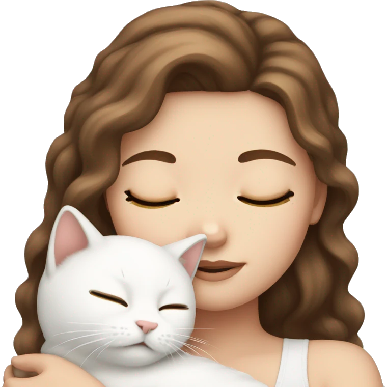 White girl brown hair sleeping with white kitty emoji
