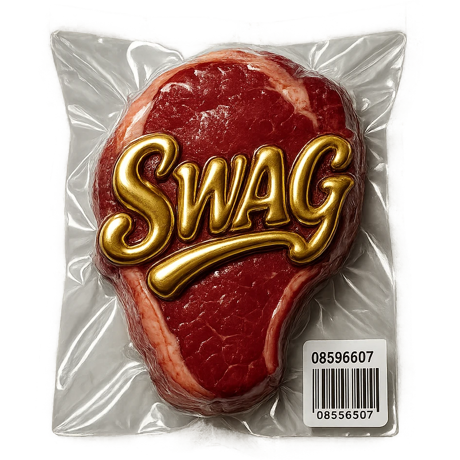 steak with gold cursive 'SWAG' lettering, shiny and inflated emoji