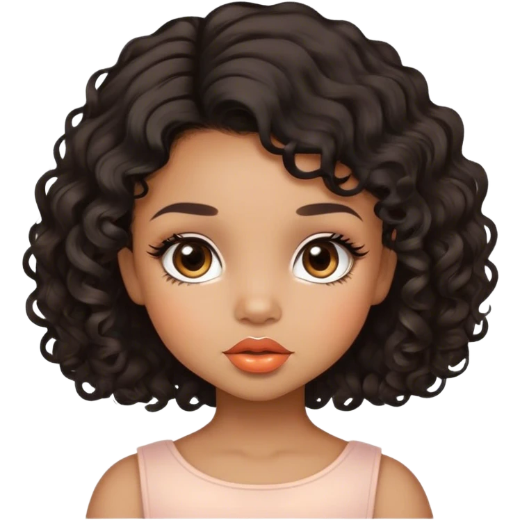 Glamourous, light brown skin tone, very beautiful toddler, with big plump peach-beige lips, long long lashes, black curly smooth short hair, straight parting hair, brown eyes emoji