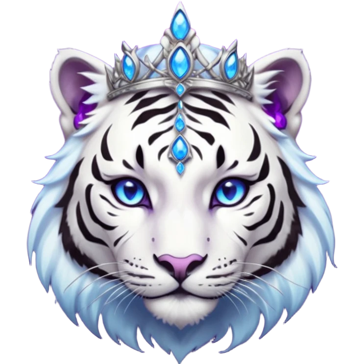 ESO Female white/black tiger khajiit leader of the umbral rose, glowing blue eyes, glowing blue 'third eye' gem; purple gemmed silver tiara emoji