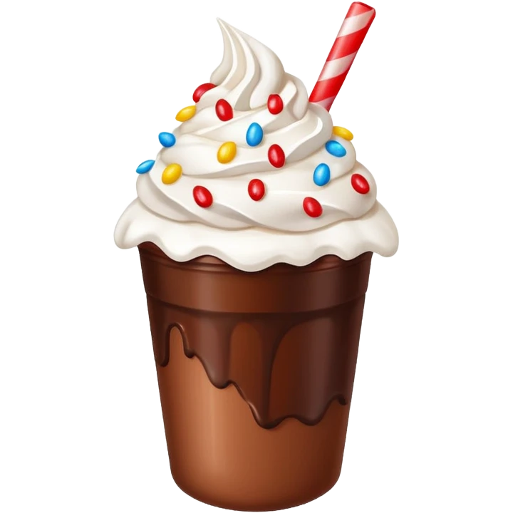 Un vaso plástico cubierto de chocolate que arriba se vea crema batida que por encima se vean fresas y chispas de colores  emoji