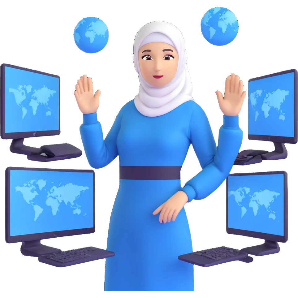 woman with white hijab in blue outfit working with multiple screens displaying digital world, virtual reality interfaces, metaverse elements, code visualization emoji