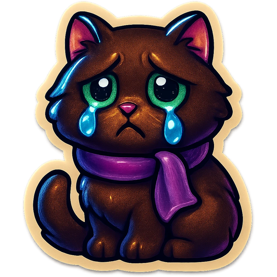 Fluffy sad crying cute dark-brown cat with green eyes and a purple scarf  emoji