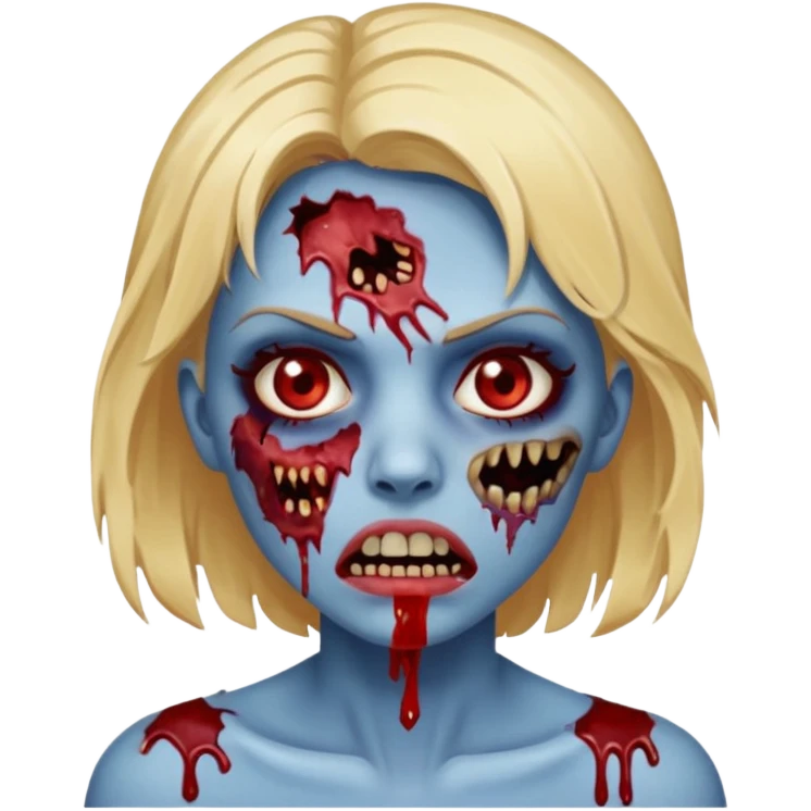 zumbi feminino com cortes no rosto, olhos baixos e vermelhos, cabelo loiro e rosto azul escuro, boca e olhos sangrando cm fundl azul e mais sangues possível emoji
