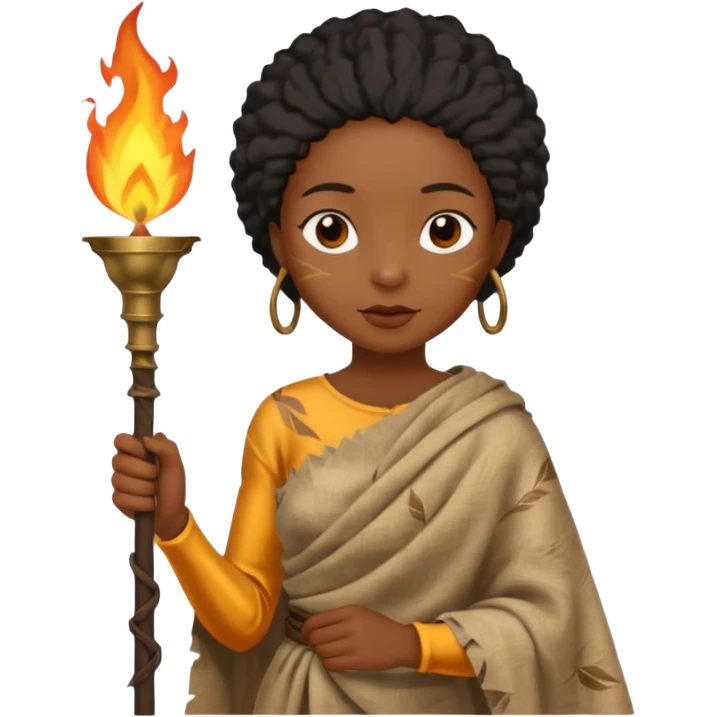 ancient black girl, tattered leaf cloth, hold a torch emoji